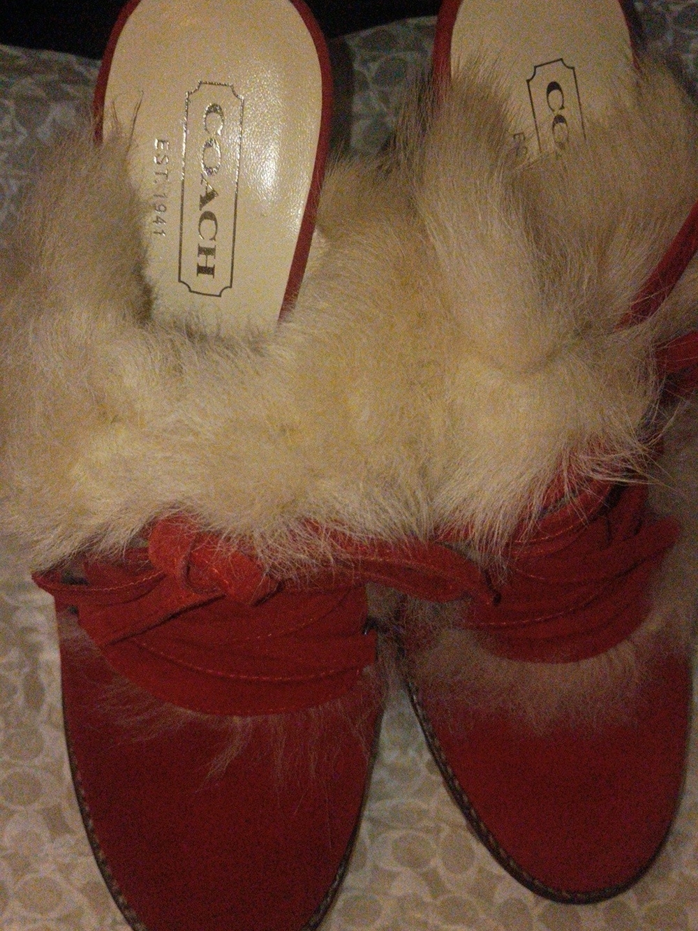 Coach Red Suede Heeled Mules with Cream Fur Trim